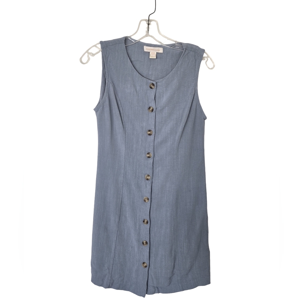 Monteau Los Angeles Button Front Linen Blend Dress | Sleeveless Blue | Size M